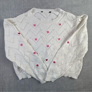 Unbranded Women Pointelle Knit Heart Embroidered Chevron Sweater Off-White Large